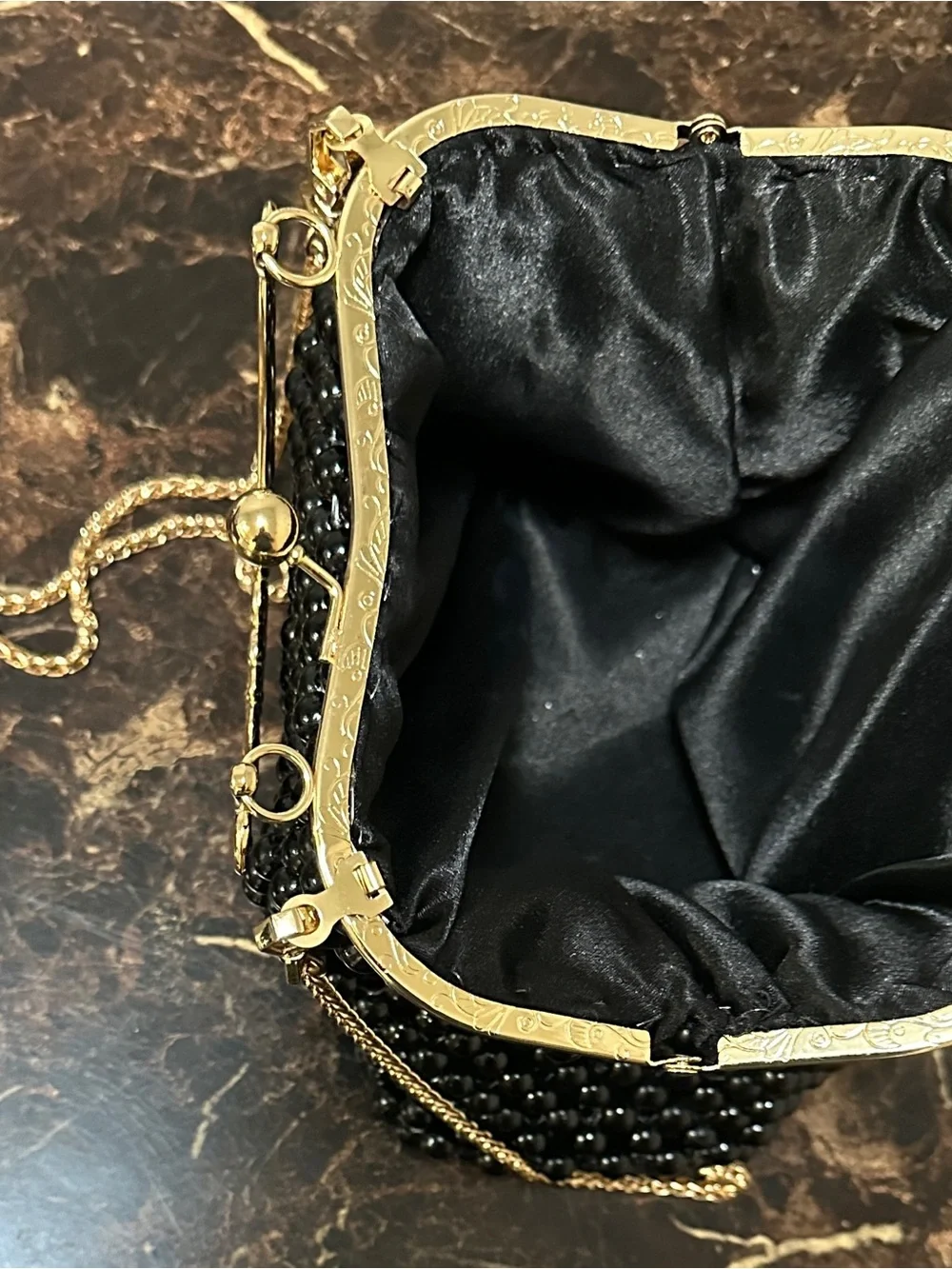 Gold-Trim Black Beaded Evening Clutch with Chain Strap